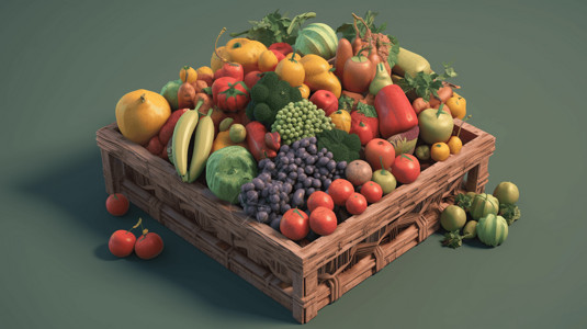 蔬菜水果插画一篮子有机蔬菜水果插画