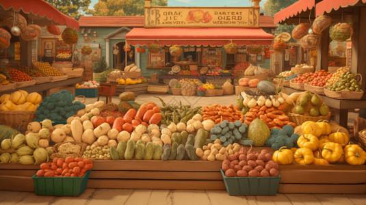 农贸摆放出售的水果蔬菜插画