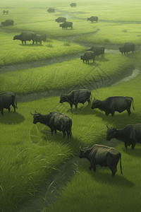 水牛吃草一群水牛在稻田吃草插画