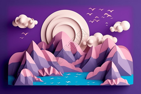 剪纸风山峰紫色背景图片