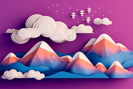 紫色剪纸风山峰艺术背景背景图片