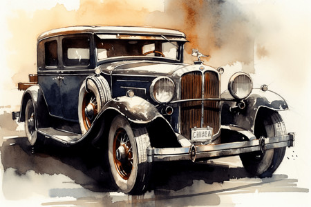 老旧墙古董车的水彩素描插画