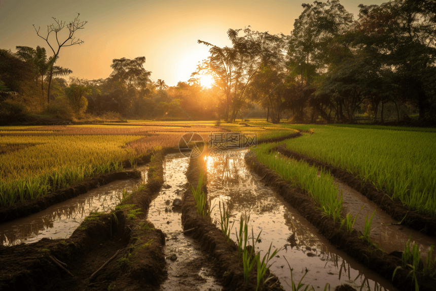 落日时的水稻田图片