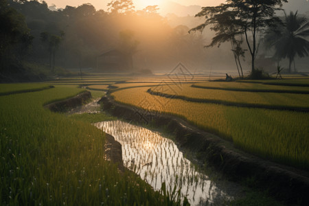 夕阳下的水稻田背景图片