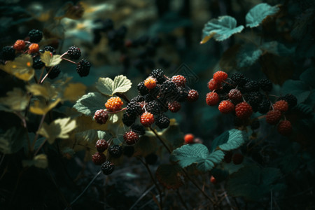 野生黑莓树上生长的黑莓背景