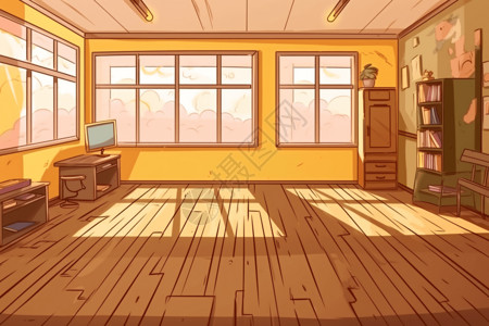 木质电脑桌空教室的木质地板插画