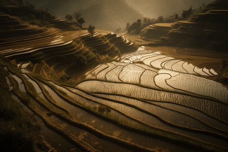 山间的水稻田图片