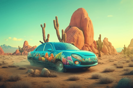 沙漠里的仙人掌荒漠里的汽车设计图片
