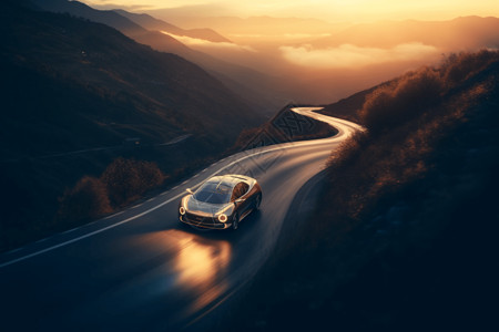 日落山路上的汽车图片
