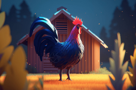 农舍里的3D公鸡插画