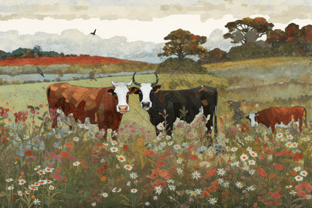 田野里的奶牛花丛里的牛插画