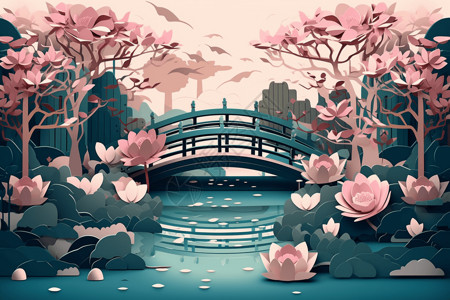 樱花树下的桥图片