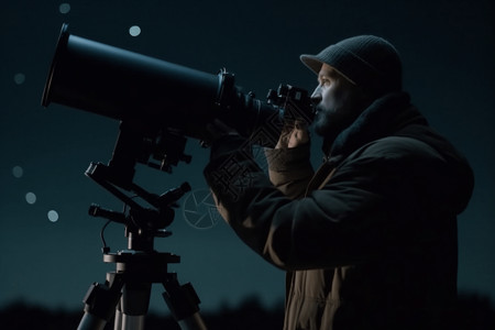 夜晚的望远镜下的人背景图片