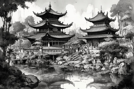 中国园林建筑水墨画图片