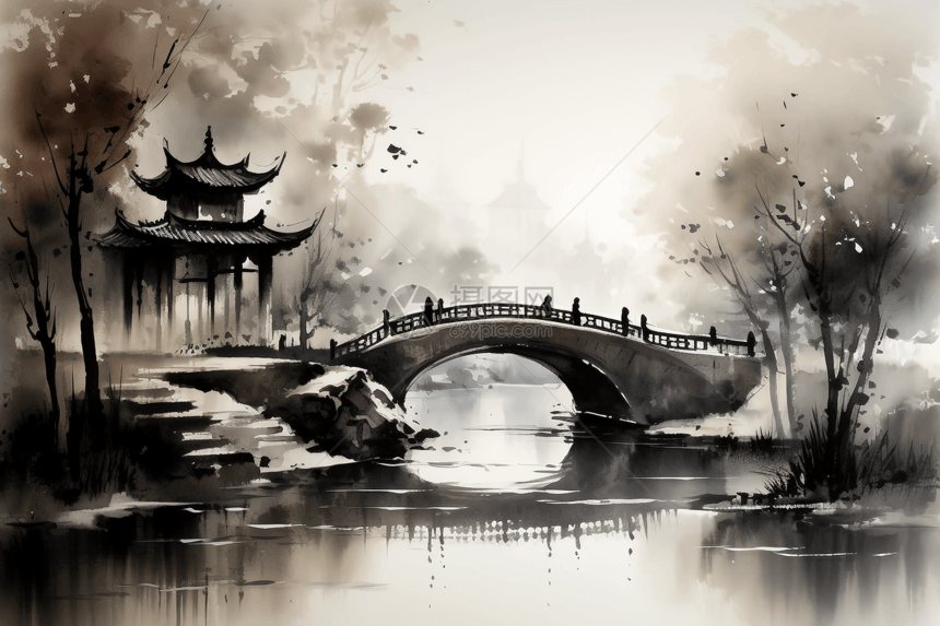 宁静河流上的拱桥图片