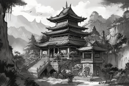 中国寺庙的水墨建筑背景图片