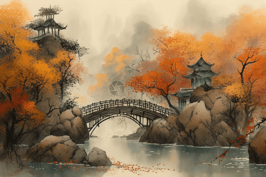 秋天的中式风景手绘插画图片