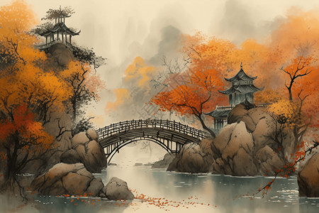 秋天的中式风景手绘插画图片