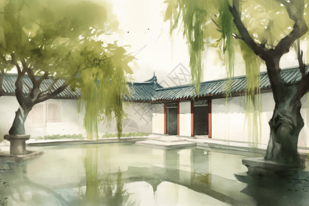 极简中国中国传统庭院插画