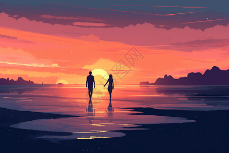 西冲海滩夕阳西牵手的恋人插画