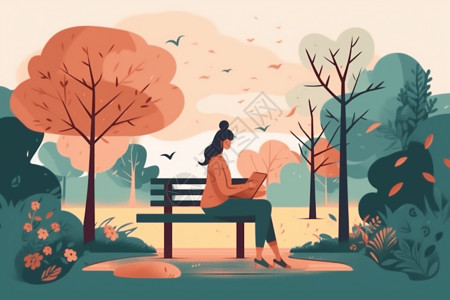 一个人在公园长椅上看书的插图图片
