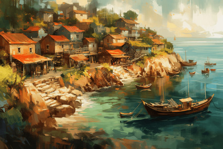 海滨渔船一个宁静的海滨村庄插画