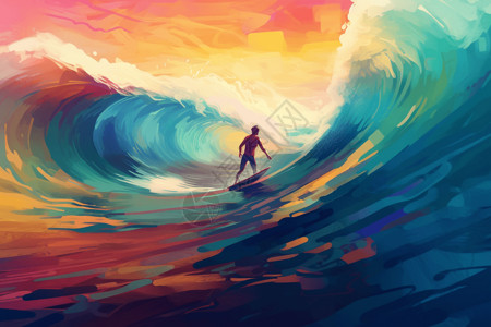 平面插图风格主题: 冲浪骑大浪; 视角: 特写视图; 背景: 海洋和海滩风景; 风格: 平面插图; 和照明: 高饱和度颜色，带有大背景
