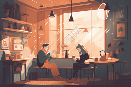 和伴侣喝咖啡插画高清图片