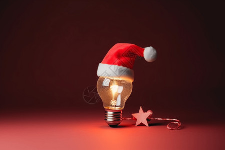 红色圣诞帽下发光的灯泡图片