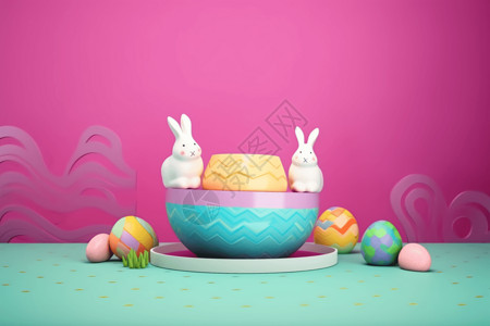 复活节展台上的兔子和鸡蛋背景图片