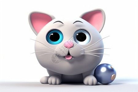 蓝色小球三维小猫与小球插画
