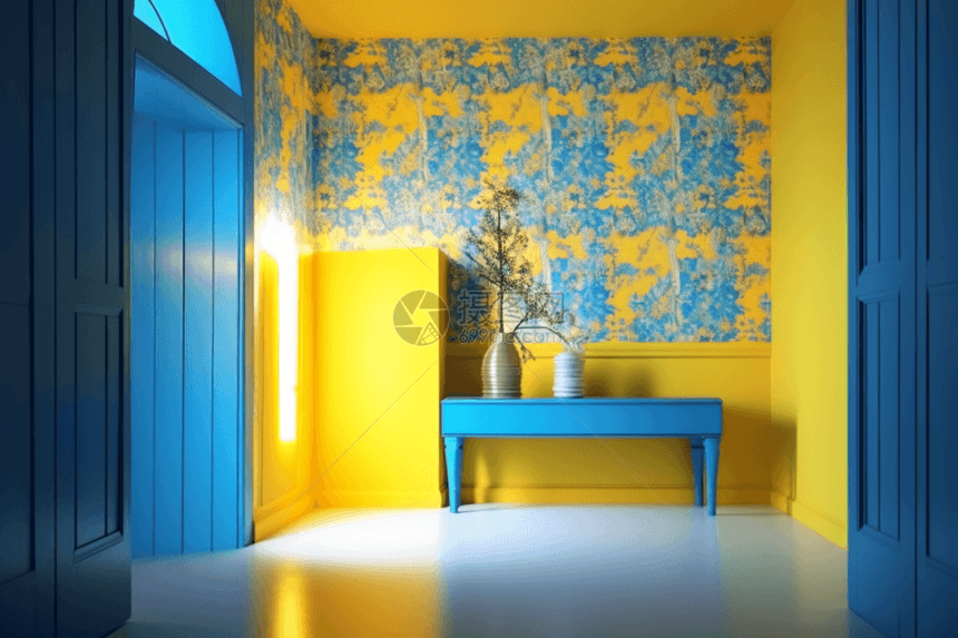 带黄色蓝色壁纸的房间图片