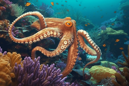 游动中章鱼海底章鱼在珊瑚礁中游泳插画