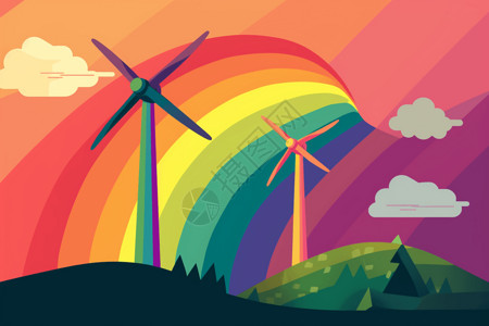 山丘风车与彩虹背景图片