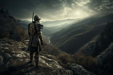 战士站在山上背景图片