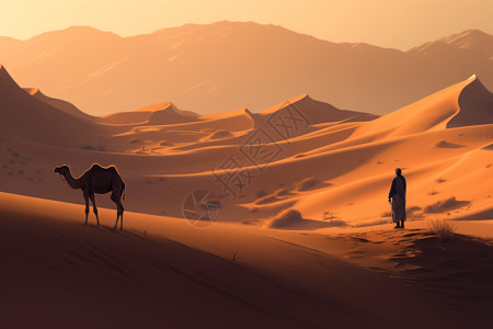 日落下的沙漠骆驼与商人图片