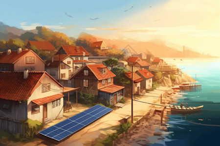 太阳能小镇海滨小镇的太阳能板插画