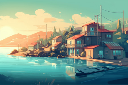 太阳能小镇海滨小镇的宁静景观插画