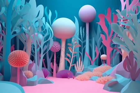 粉色树林树林的立体模型设计图片