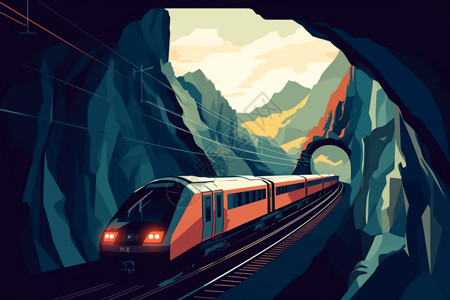 高速隧道高速火车冲过山间隧道插画