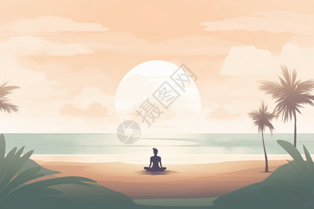 平静的海面在海滩上做瑜伽的女性插画
