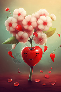 心形棉花糖带有心形尾巴和一束鲜花的一颗樱桃插画
