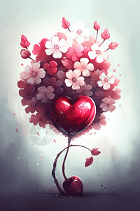 心形插图带有心形尾巴和一束鲜花的浪漫插画