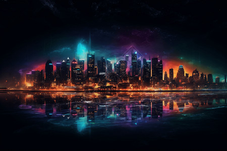霓虹掩盖的城市天际线高清图片