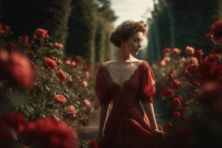 穿着红色连衣裙的贵妇漫步在玫瑰园中高清图片