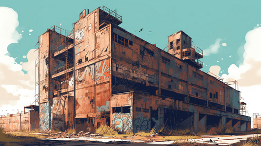 仓库外观被涂鸦覆盖的废弃工厂大楼插画