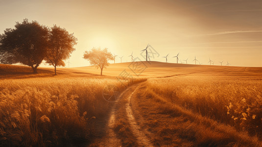 黄昏时的风力涡轮机背景图片