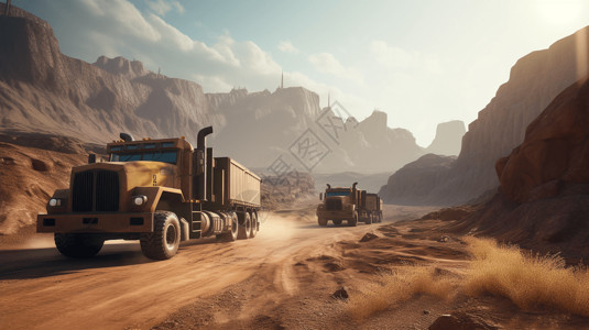矿山勘探在路上行驶的重型拖运卡车设计图片