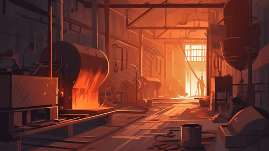熔炉铸造厂内部的金属加工插画