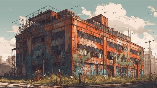 工厂外观生锈的废弃工厂大楼插画